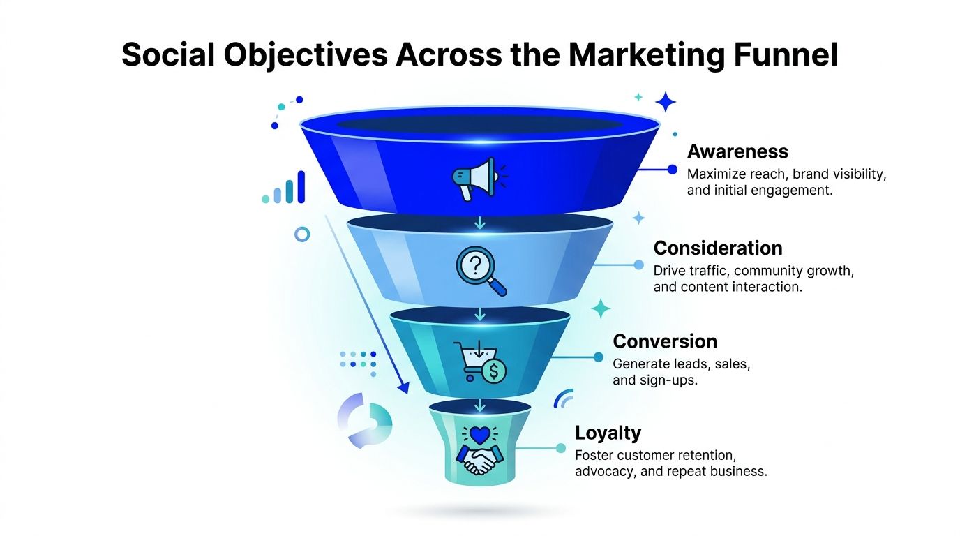A marketing funnel diagram displaying the stages of social media marketing objectives from awareness to customer loyalty.