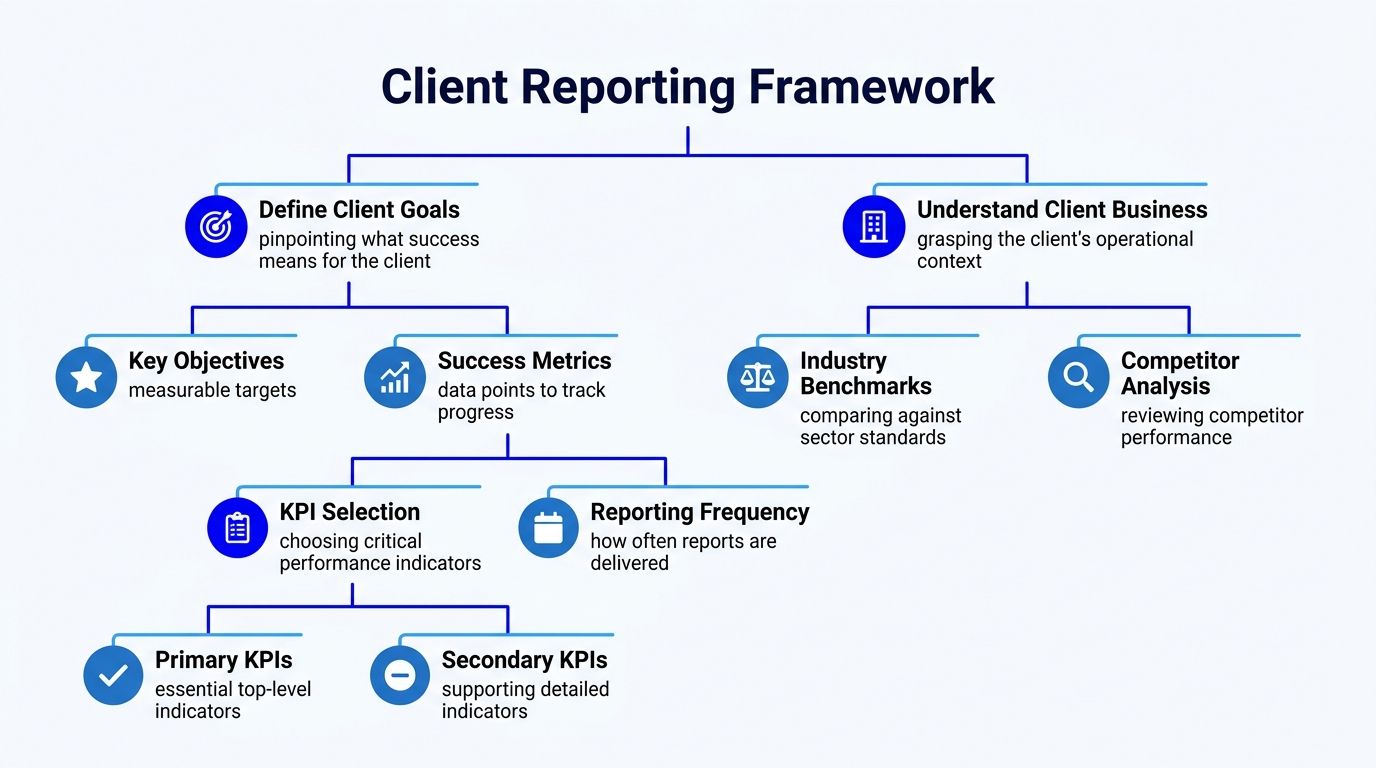A hierarchical flowchart diagram outlining the strategic framework for effective client reporting and business goal analysis.