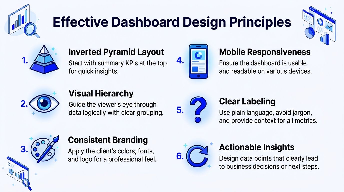 An infographic detailing six essential principles for creating effective and professional web analytics dashboards design.